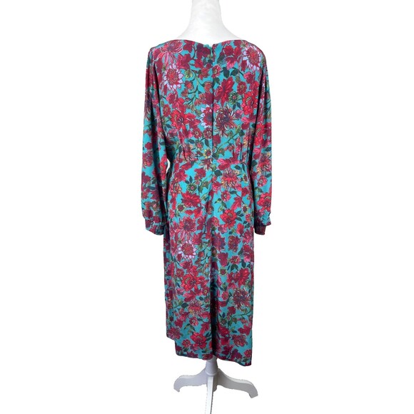 Talbots Midi Dress 14 Floral Jewel Tone Teal Red Faux Wrap Side Tie Long Sleeve - Picture 9 of 16